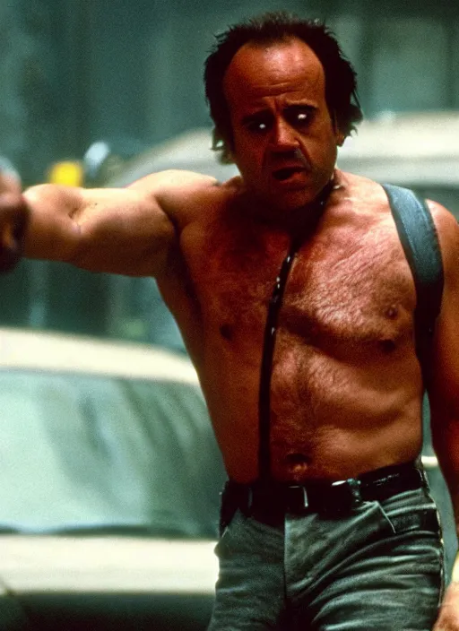 Prompt: film still of Danny DeVito as John McClane in Die Hard, 4k