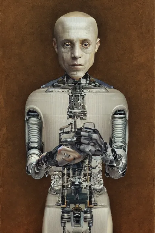 Image similar to robot monk painting a self - portrait on a canvas. intricate, highly detailed, photorealistic, film still, by vdragan bibin.