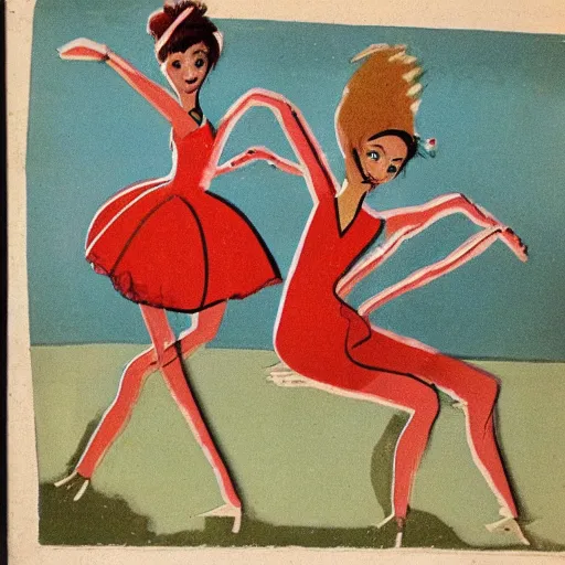 Image similar to marionettes dance so wildly with such great abandon, 1960s children book illustration