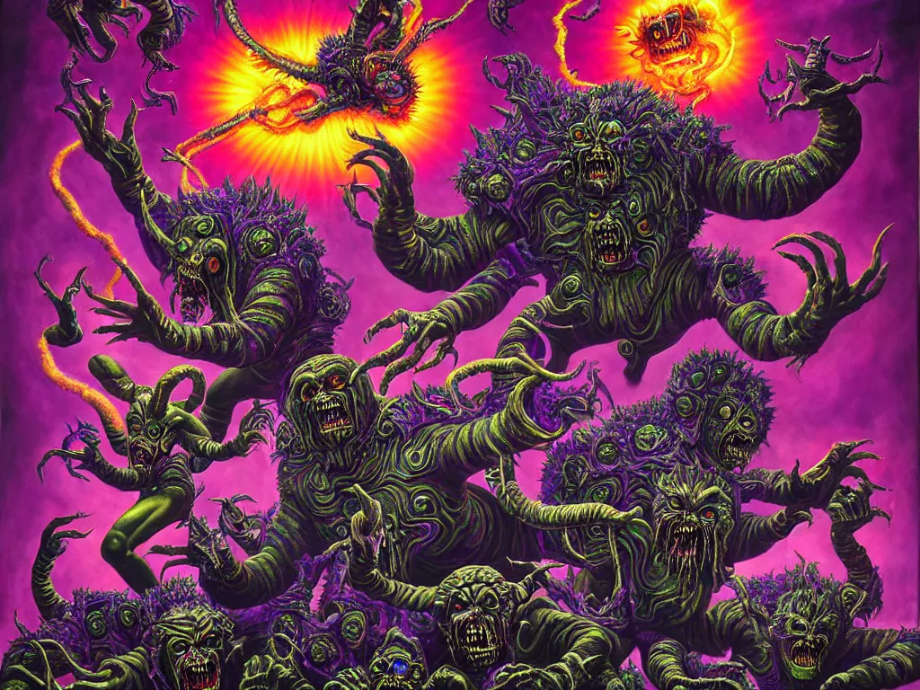 Image similar to a hyperrealistic painting of an epic boss fight against an ornate supreme dark psychic overlord, cinematic horror by chris cunningham, lisa frank, richard corben, highly detailed, vivid color,