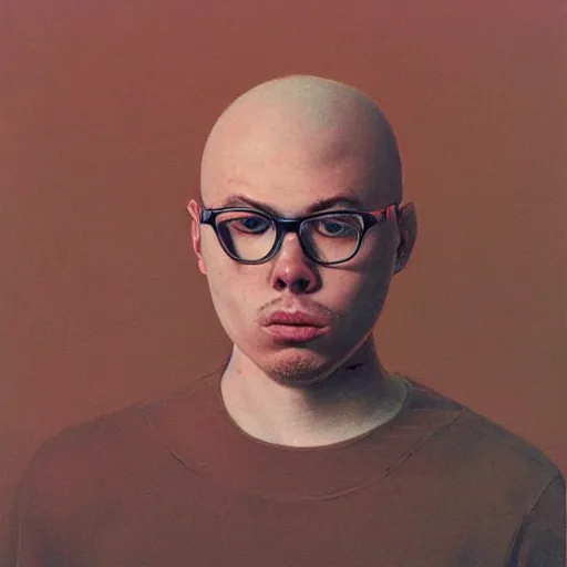 Prompt: beautiful award - winning full - body portrait of anthony fantano, theneedledrop, painted by zdzislaw beksinski