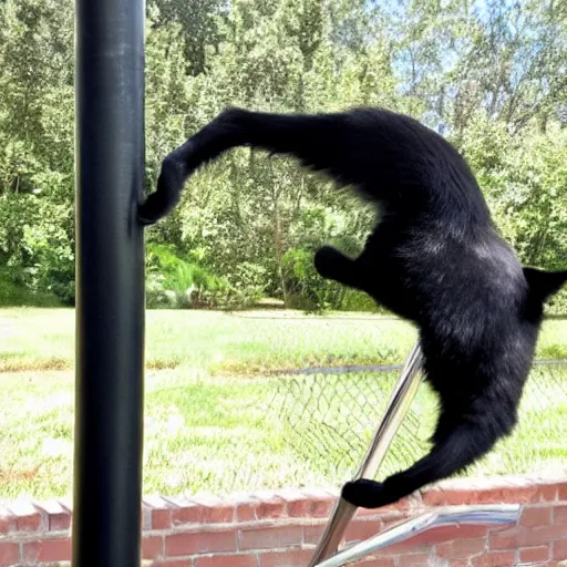 Prompt: black cat sliding down a metal pole dance