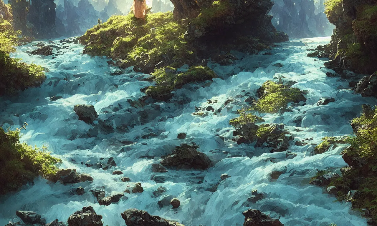 Image similar to Mountain river flows through a fantasy landscape gorge. A big blue lake in the middle of the mountains. Fabulous nature, amazing seascape, highly detailed, digital painting, artstation, concept art, smooth, sharp focus, illustration, art by greg rutkowski and alphonse mucha