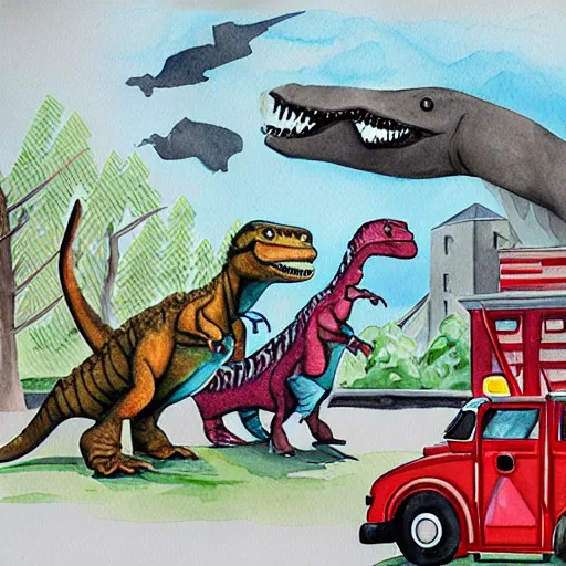 Prompt: dinosaurs at a fire station, watercolor illustration