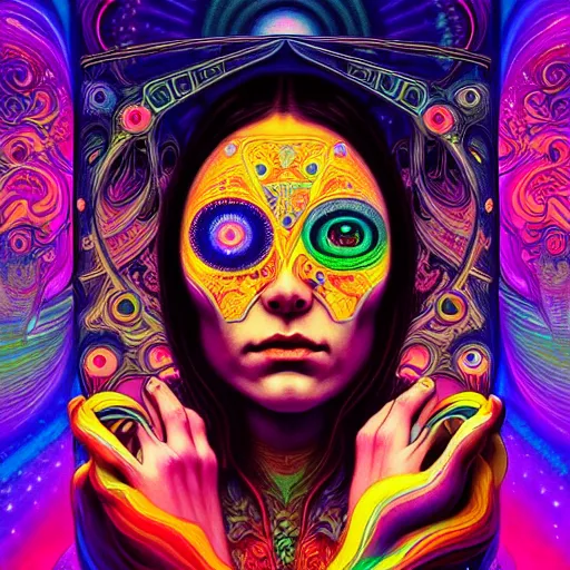 Image similar to An extremely psychedelic experience, colorful, surreal, dramatic lighting, cosmonaut, LSD, face, detailed, intricate, elegant, highly detailed, digital painting, art nouveau, tarot, artstation, concept art, smooth, sharp focus, illustration, art by Sam spratt, dan mumford, Artem Demura and alphonse mucha