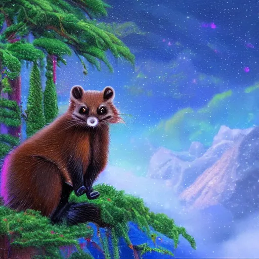 Prompt: magical pine marten, art by Thomas Kinkade, digital art, trending on artstation, 4k, vivid colors