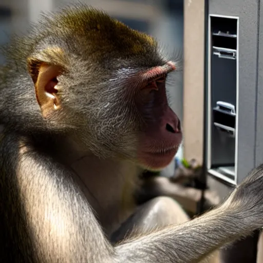 Prompt: Huge macaque locked in fuse box