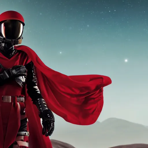 Image similar to a young female soldier, no makeup, wearing glossy sleek white bloodstained dinged scuffed armor and a long torn red cape, heroic posture, determined expression, elegant, no helmet, on the surface of mars, dramatic lighting, cinematic, sci-fi, hyperrealistic, detailed