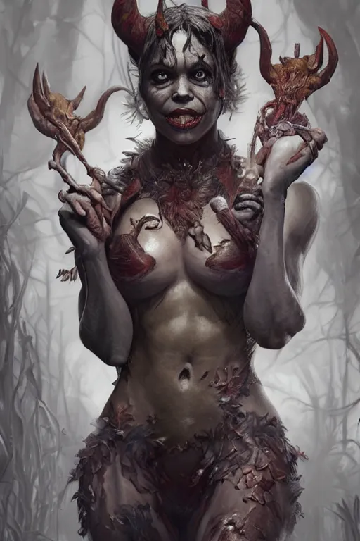 Image similar to portrait of nia from dead by daylight as a herculian demon woman, forest, full body, muscular, fantasy, intricate, elegant, highly detailed, digital painting, artstation, concept art, sharp focus, illustration, art by artgerm and greg rutkowski and alphonse mucha