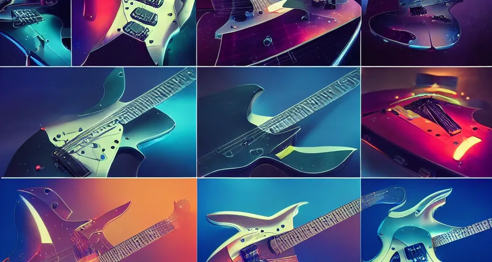 Prompt: a layout of amazing futuristic guitars, cinematic lighting, detailed, beautiful colors, by greg rutowski and studio ghibli