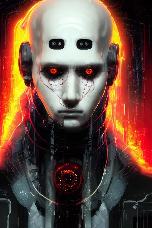 Prompt: head and shoulders render of man black_jacket close up cyberpunk face ((single_eye _glowing_red_eye red_emissives!)) android face mecha, inhuman creepy intimidating, exposed cables-bundle-black-thick Tom Bagshaw and Greg Rutkowski and Alphonse Mucha Bladerunner 2049 screenshot artstation UE5 Cyberpunk 2077 character trending 165mm