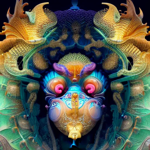 Image similar to 3 d goddess close - up frontal portrait with ram golden skull. beautiful intricately detailed japanese fractal kitsune mask and clasical japanese kimono. betta fish, jellyfish phoenix, bio luminescent, plasma, ice, water, wind, creature, mandelbulb, fractal, artwork by tooth wu and wlop and beeple and greg rutkowski