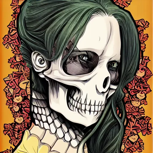 Image similar to anime manga skull portrait girl female skeleton illustration hyperrealistic art the Simpsons Geof Darrow and will cotton alphonse mucha pop art nouveau