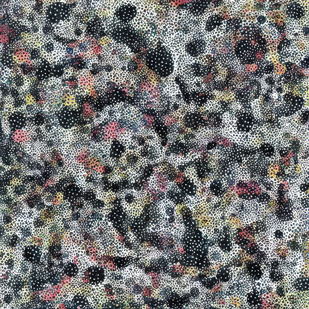 Image similar to camo made of teeth, smiling, abstract, rei kawakubo artwork, cryptic, dots, stipple, lines, splotch, color tearing, pitch bending, color splotches, hearts, dark, ominous, eerie, minimal, points, technical, old painting