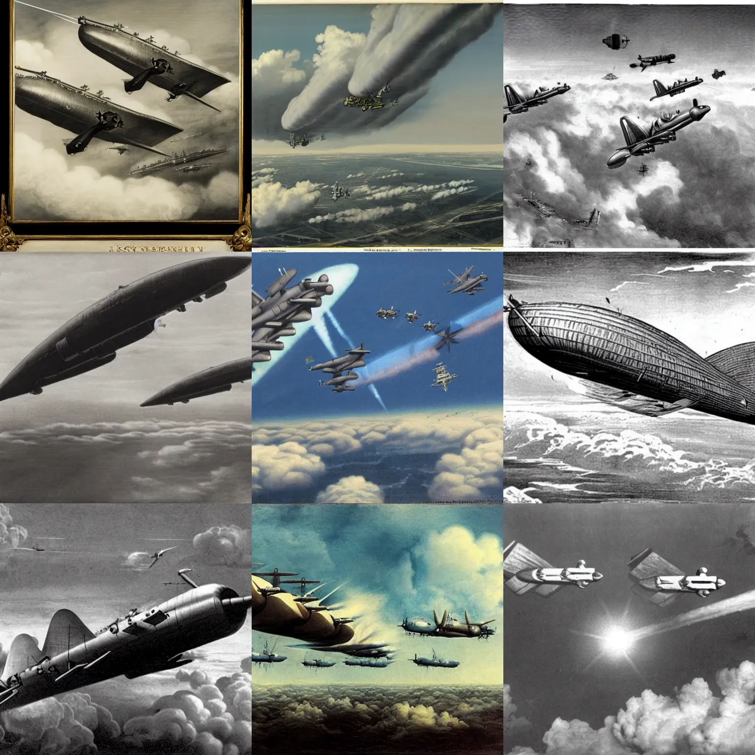 Prompt: two zeppelins exchanging broadside cannon battle above the clouds, airships battling hyper-realistic