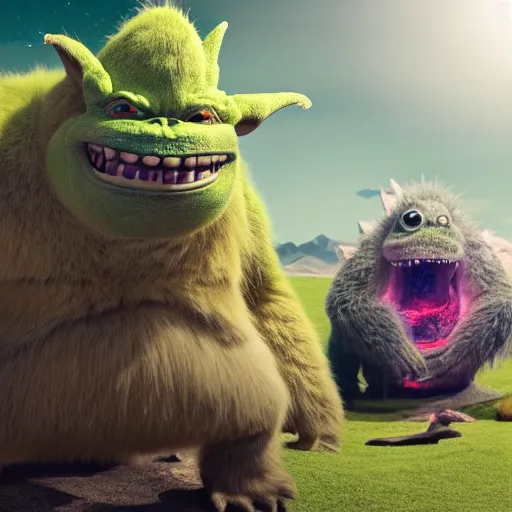 Image similar to elon musk godzilla yoda donkey kong pikachu yeti shrek spongebob homer groot rick sanchez elsa, highly detailed, extremely high quality, hd, 4 k, 8 k, professional photographer, 4 0 mp, lifelike, top - rated, award winning, cinematic, realistic, detailed lighting, detailed shadows, sharp, no blur, edited, corrected, trending