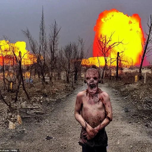 Prompt: radiation eats a ukrainian and his children alive wild pain and desperate selfies, everyone is dressed in dirty blue - yellow rags against the backdrop of a huge nuclear explosion from which the skin has already burned to the bone