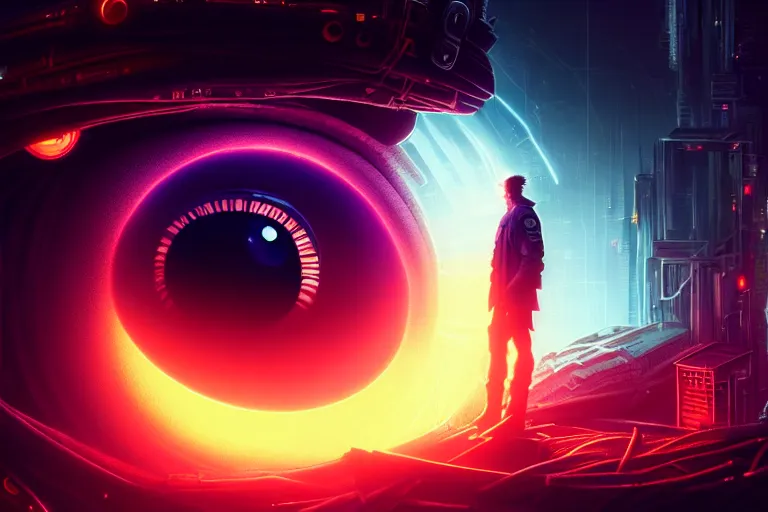 Image similar to portrait of a mystical giant eye, mechanic, dystopian, ( ( cyberpunk ) ), intricate, ( ( ( abstract ) ) ), cinematic, glow, neons, octane render, wlop, greg rutkowski, dan mumford, artgerm