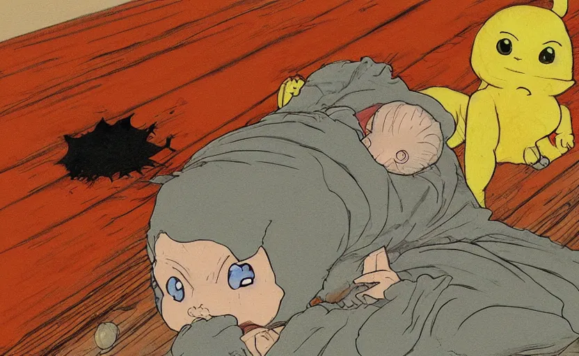 Prompt: the cute demon baby awoke from its slumber beneath the bed frame, digital painting masterpiece, haunting beautiful brush strokes, painted by Moebius and Hayao Miyazaki and Akira Toriyama