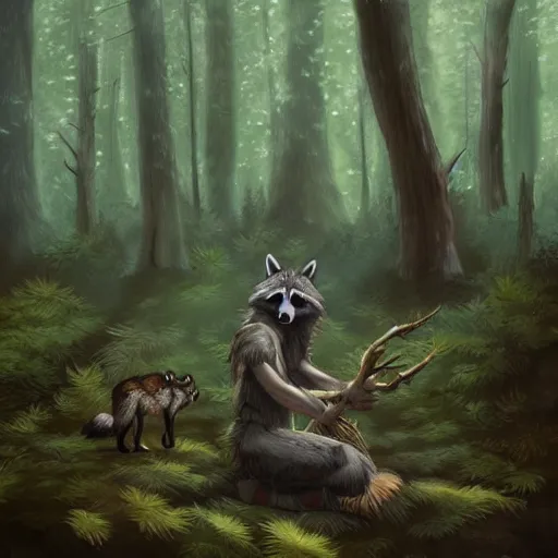 Image similar to a woodland druid in a forest with a wolf bird and racoon, photorealistic, in the style of greg rutkowski, digital painting