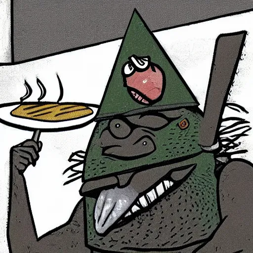 Image similar to Pyramid head shrek trying to eat a sandwich