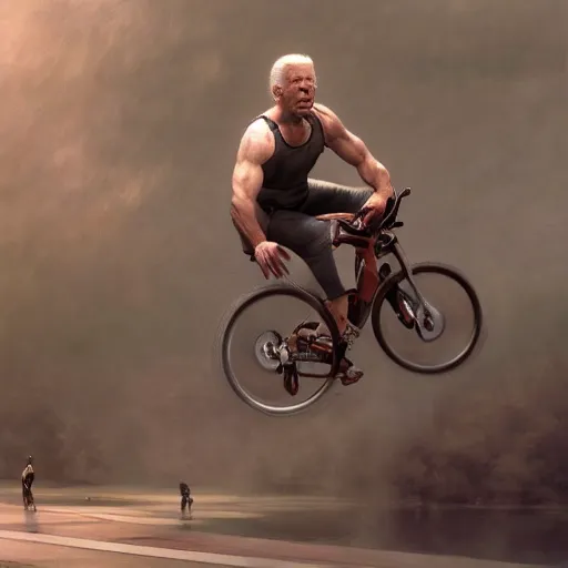 Image similar to Hyper realistic portrait of an action shot freeze frame of the notorious cyborg known as Joe Biden falling off a bike, Cinematic lighting, ultra super good realistic 3D render by Ruan Jia and Mandy Jurgens and Artgerm and william-adolphe bouguereau and Gerald Brom and James Jean, Trending on Artstation, 8k, post processing, sharp focus