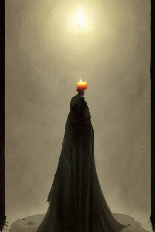 Image similar to Spirit holding a candle in the middle of the room, horror, illustrated by Greg Rutkowski and Caspar David Friedrich., Trending on artstation, artstationHD, artstationHQ, 4k, 8k