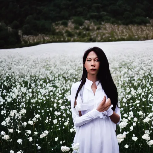 Image similar to a woman dressed in white, standing in an infinite field of white roses, petals in the breeze, fireflies glowing, vivid lighting, professional photography, distance shot, afternoon lighting