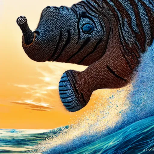 Image similar to a closeup photorealistic photograph of a cute knitted tiger hippopotamus riding an epic wave during sunset. well textured. surf in the background. professional capture. brightly lit scene. this 4 k hd image is trending on artstation, featured on behance, well - rendered, extra crisp, features intricate detail, epic composition and the style of unreal engine.