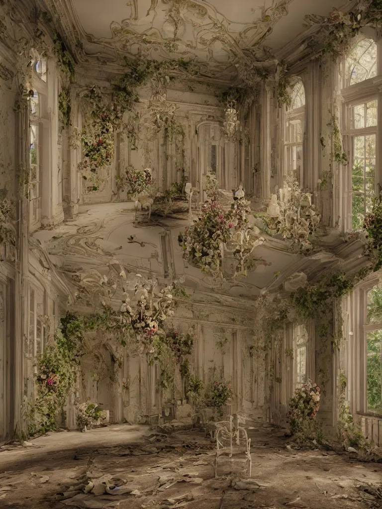 Prompt: an abandoned rococo salon, with colorful flowers and plants, drapery, Dramatic, 8K, Lonely, Natural Lighting, god rays, super detailed, intricate, Octane render