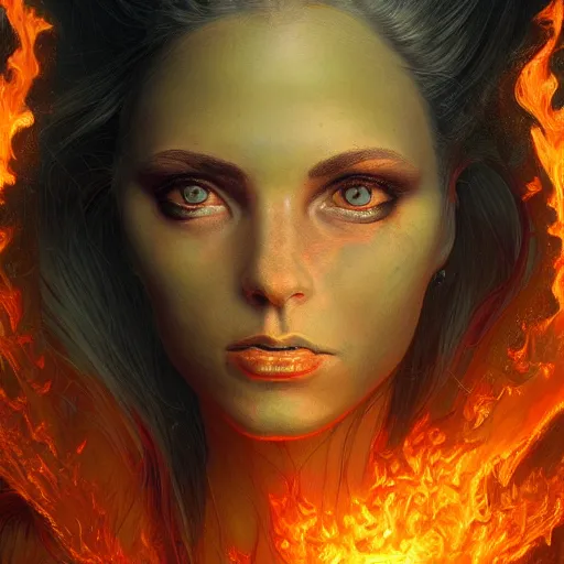 Image similar to A stunning portrait of a goddess, her body engulfed in flames, by Jim Burns, 8K UHD, intricate, fantasy, Trending on artstation.