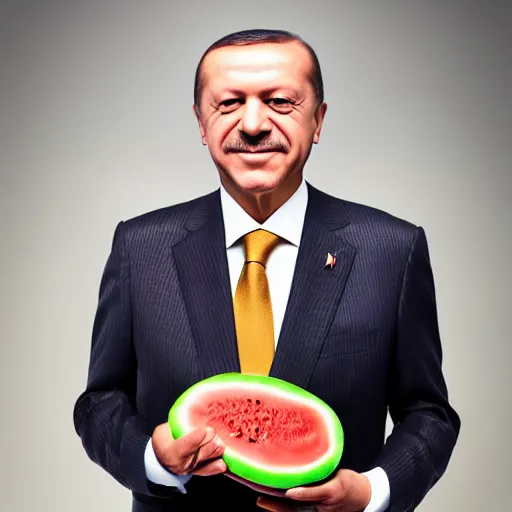 Image similar to recep tayyip erdogan smiling holding watermelon, studio photograph, hd, studio