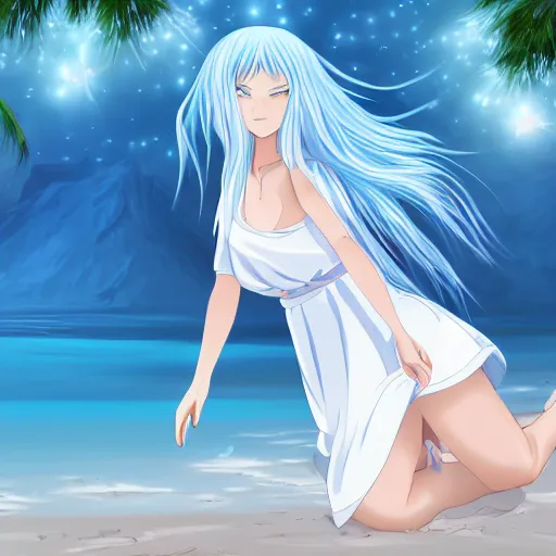 Image similar to a girl with light blue eyes, light blue hair in a white nightgown lies on the sand on the beach, anime style, high quality, 4 k digital art,