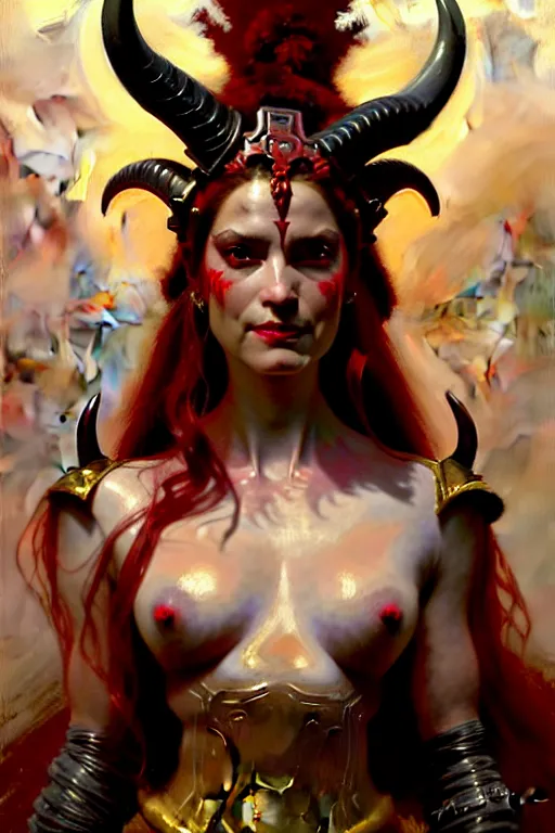 Prompt: painted close - up portrait of a very attractive red - skinned intimidating demon cyborg queen with ram horns! oil painting, wearing a noblewoman's outfit, fantasy art by john singer sargent and gaston bussiere and james jean and greg rutkowski, demon noble character design, hd