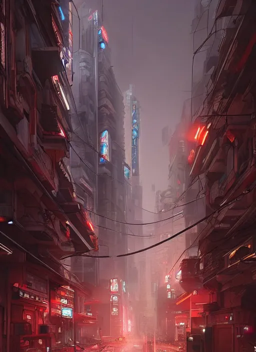 Image similar to a city street filled with lots of tall buildings, cyberpunk art by senior environment artist, trending on cgsociety, panfuturism, concept art, reimagined by industrial light and magic, dystopian art