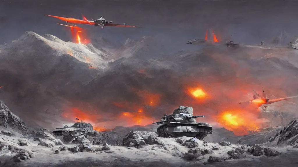 Prompt: snowy mountain, second world war fighting against ufo, aliens, tanks, jet fighters, missiles, with anti aircraft guns, with fire and smoke in the background by eugene von guerard, ivan shishkin, dramatic lighting, concept art, trending on artstation, 8 k