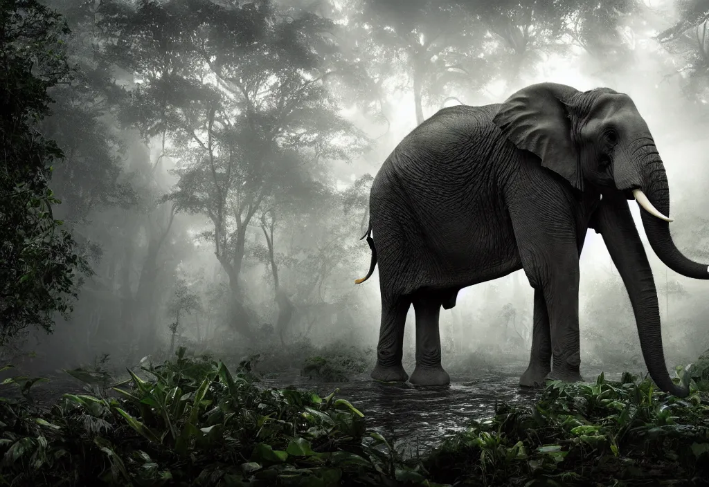 Image similar to an enormous elephant king, huge tentacles, in a jungle with ominous light from above, ambient light, fog, river, symmetrical, poetic