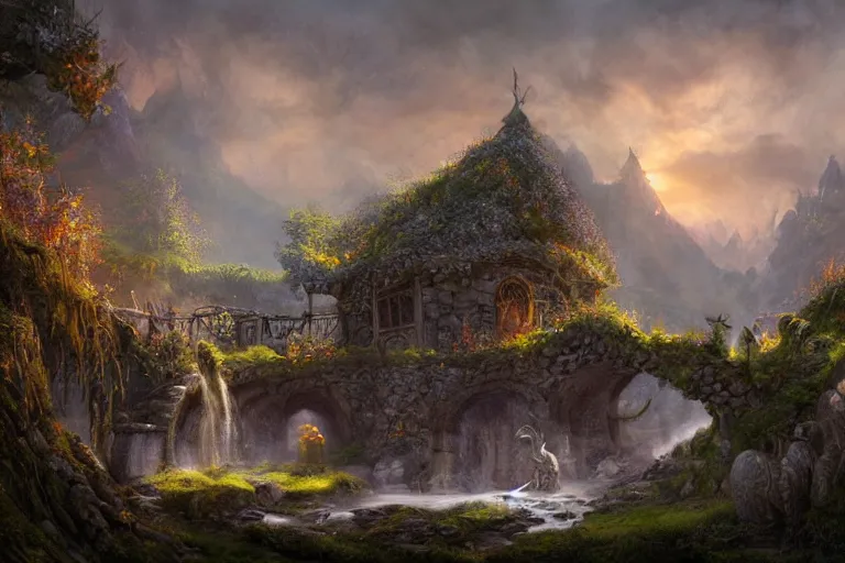 Image similar to fantasy painting, dungeons and dragons, celtic sylvan rivendell medieval village hovels with a stream in a forested valley, sunset with ominous shadows, a bunny by jessica rossier and brian froud cinematic painting