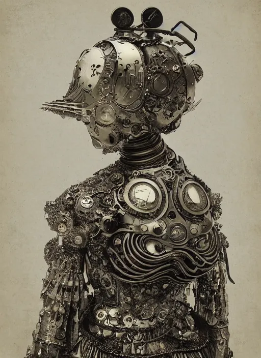 Prompt: old wetplate daguerreotype frame portrait of a futuristic silver armored geisha district 9 cyborg, parallax, fractal, intricate, elegant, highly detailed, subsurface scattering, by jheronimus bosch and greg rutkowski and louis jacques mande daguerre