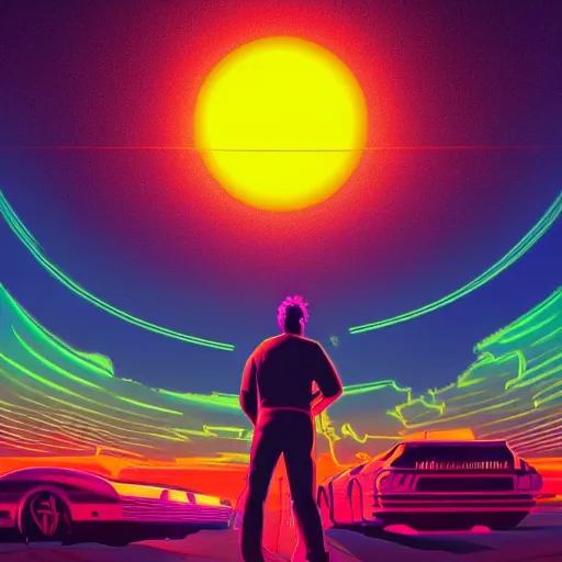 Prompt: man looking at the outrun sun, synthwave, 8 0 s, high details, trending on artstation