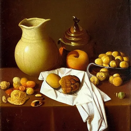 Prompt: Still life with nutritious breakfast, oil painting, dutch masters, hanging in the louvre