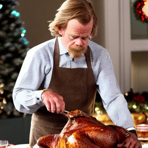 Prompt: William H Macy carving a turkey at Christmas