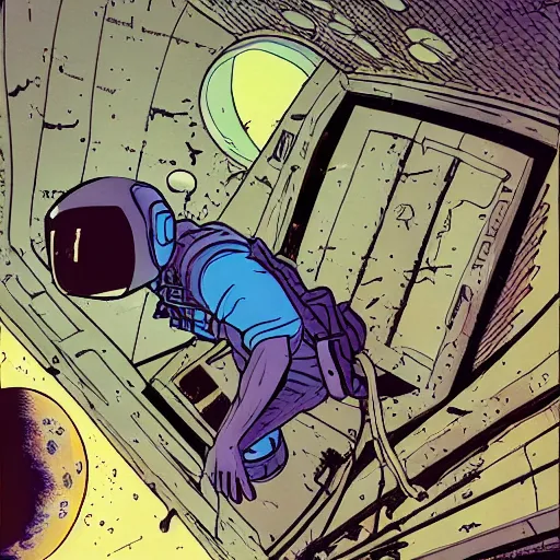 Image similar to astronaut exploring a derelict by frank miller