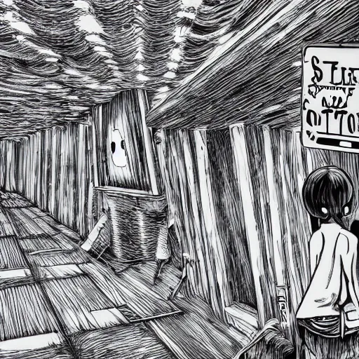 Prompt: shelter by porter robinson and junji ito, futuristic placard 8k hd