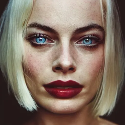 Image similar to photo of margot robbie, full platinum blond, pale skin, freckle, by diane arbus, realistic, high detail, high quality, trending on pinteresst