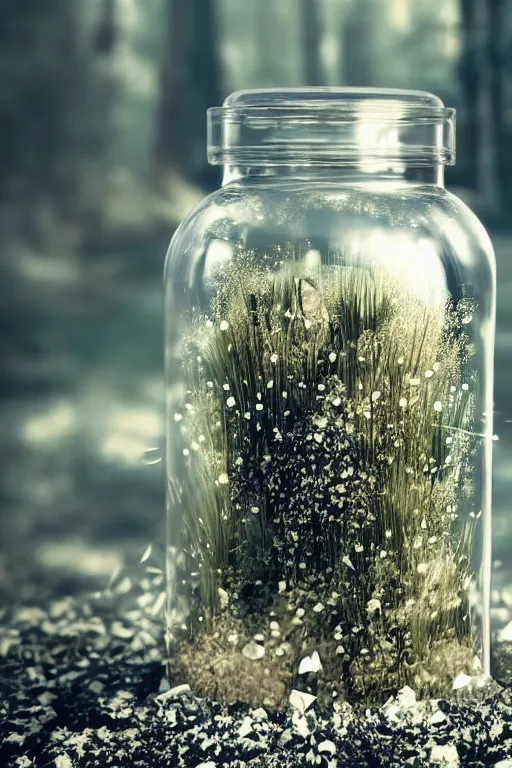 Prompt: a glass jar with dirt grass and summer flowers inside, burried in snow in a dark forest, metal lid, bokeh, intricate detail, highly detailed, hyperrealistic, dramatic lighting, glowing, magic, cgsociety, sense of awe, mystical, 8 k, beautiful digital art