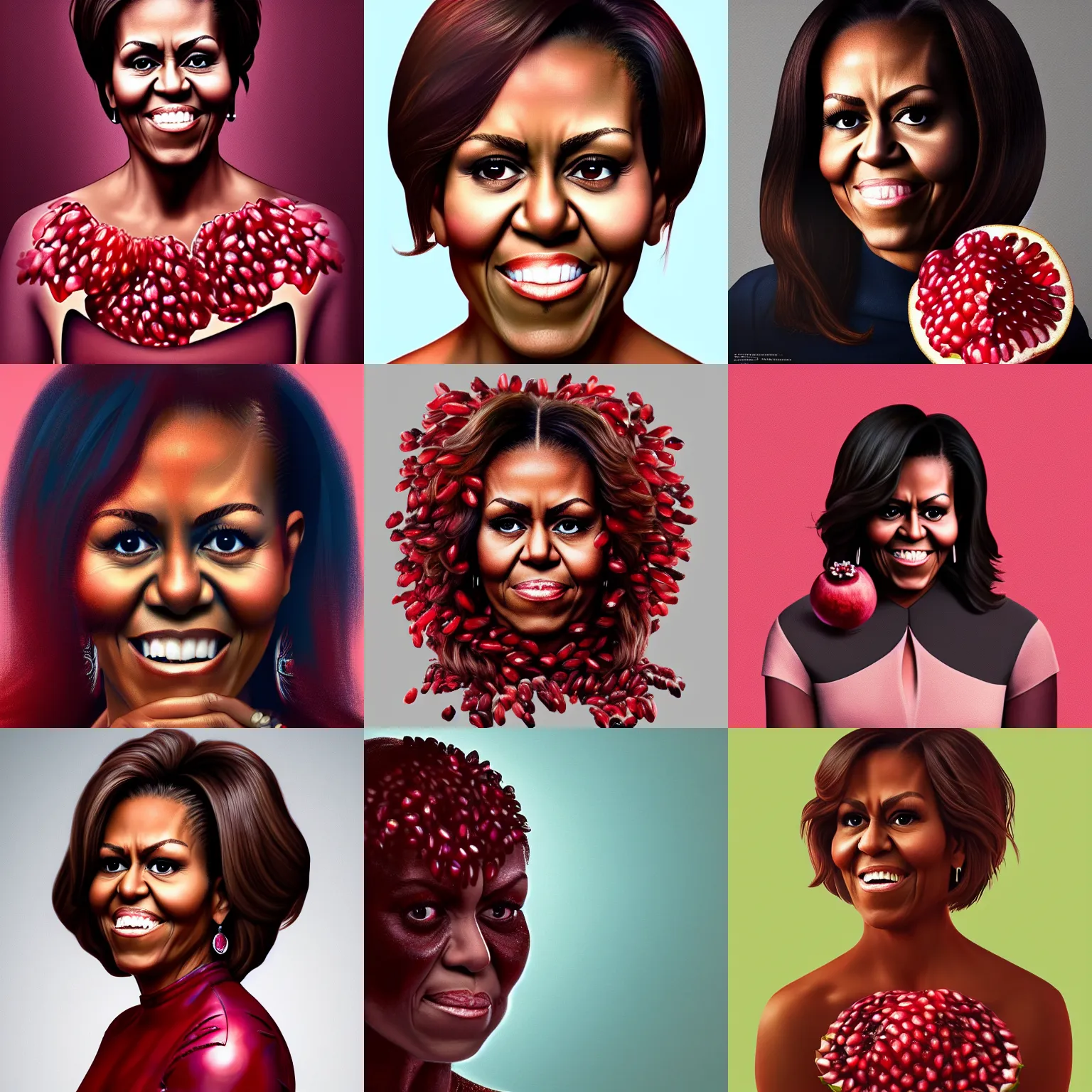 Image similar to michelle obama is fused into pomegranate, hyperdetailed, artstation, cgsociety, 8 k