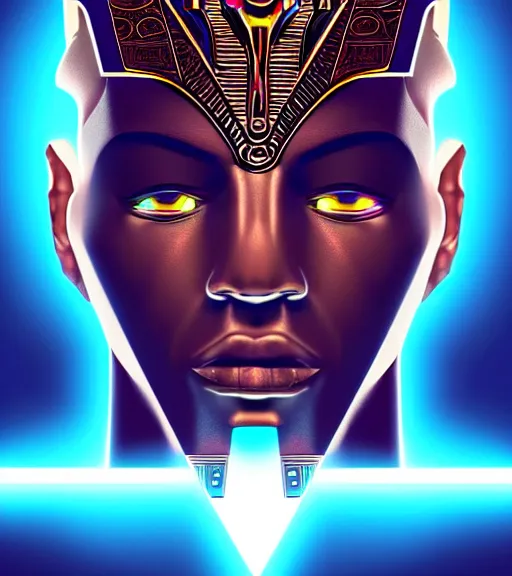 Image similar to symmetry!! egyptian god of technology, solid cube of light, hard edges, product render retro - futuristic poster scifi, lasers and neon circuits, brown skin handsome egyptian god, intricate, elegant, highly detailed, digital painting, artstation, concept art, smooth, sharp focus, illustration, dreamlike, art by artgerm