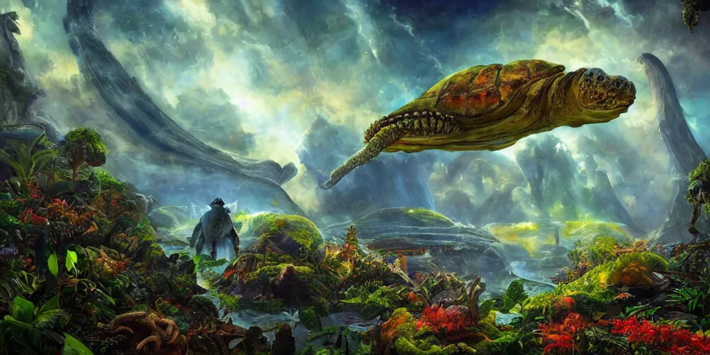 Image similar to fantasy oil painting, klattu's spacecraft, outer worlds, great leviathan, turtle cephalopod terrapin reptilian pachyderm amphibian hybrid, rainforest mountains, lush plants flowers, epic natural light, bright clouds, luminous sky, bright cinematic key lighting, michael cheval, michael whelan, vray, 8 k hd