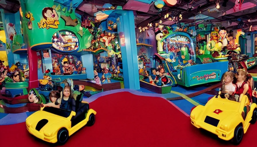 Image similar to 1990s photo of inside the Beanie Baby ride at Universal Studios in Orlando, Florida, children riding in Lamborghini through a Luxurious Mansion, cinematic, UHD